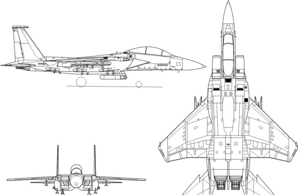 美F15E战斗机矢量三视图线稿