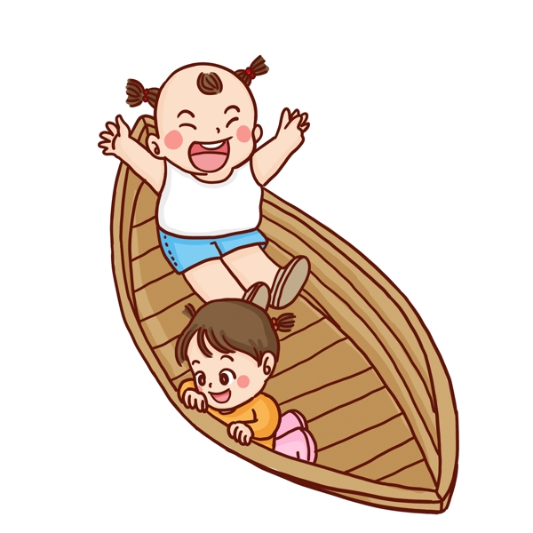 手绘乘船的两个小孩漫画人物