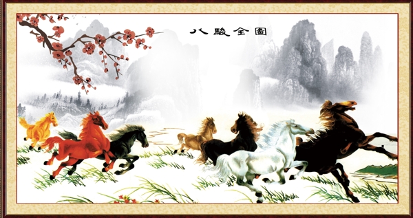 八駿全圖中堂畫高清圖片