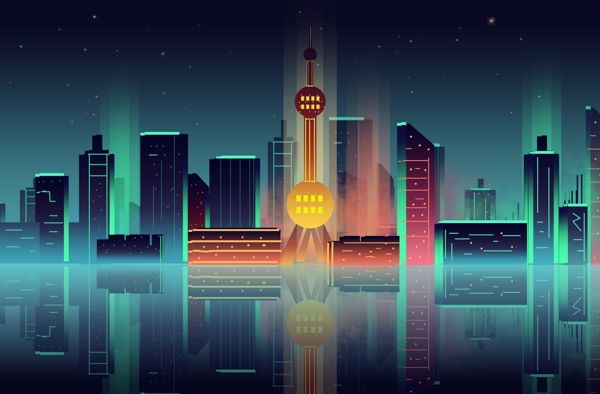 渐变城市夜景上海地标东方明珠科技感插画