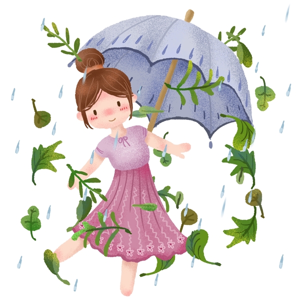 手绘初春小雨舞蹈女孩雨伞