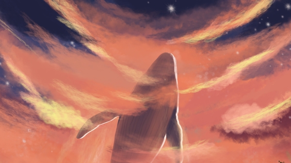 黄昏云层里遨游的鲸鱼治愈插画背景海报配图