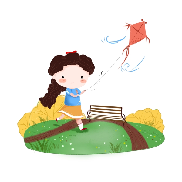 手繪放風(fēng)箏的少女免摳元素