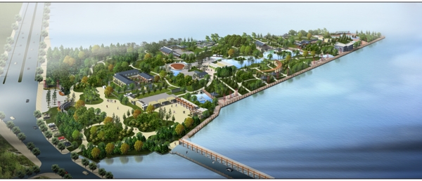 水边建筑绿化景观效果PSD分层素材