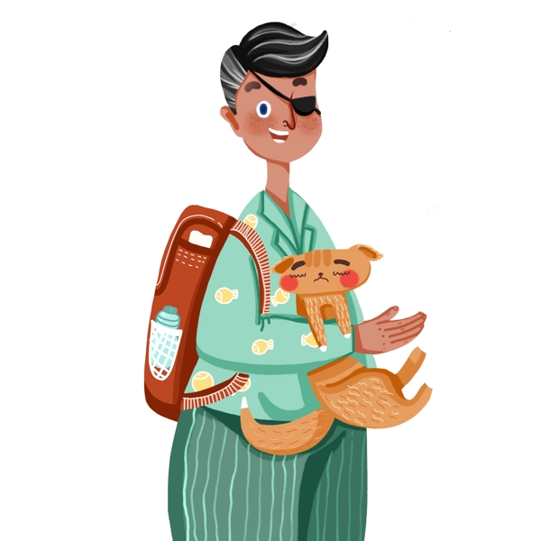 抱着猫咪探险的男孩复古设计可商用元素