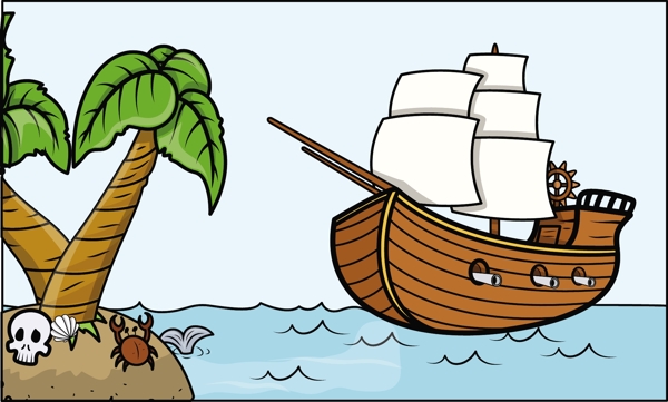 海盗船和热带岛屿卡通插画矢量