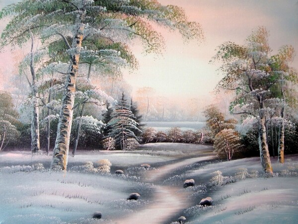 雪景油畫圖片