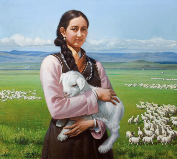 抱着羊羔的美女肖像油画图片