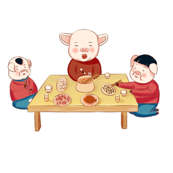 2019猪传统习俗一家三口吃年夜饭