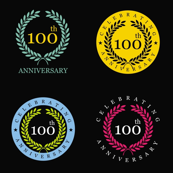 4款彩色100周年纪念徽章矢量图