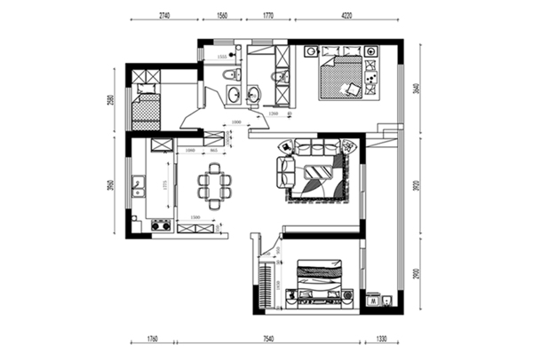 三房户型CAD平面图