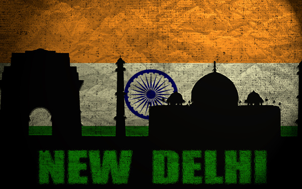 印度国旗与建筑剪影图片