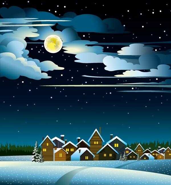 迷人的冬天的夜晚景观设计矢量图04