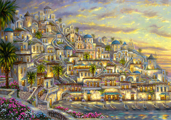 油画浪漫希腊小镇图片
