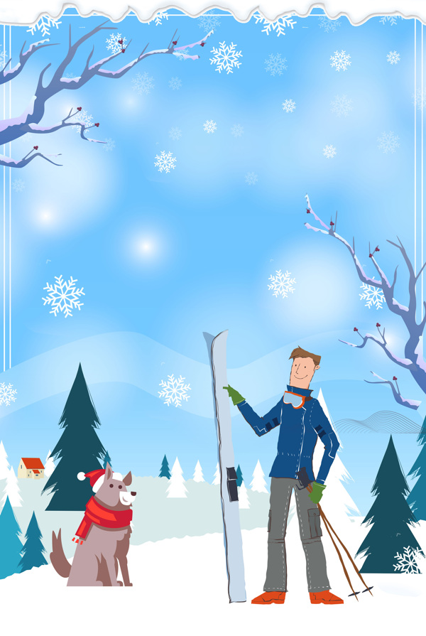 卡通滑雪雪景冬天海报素材