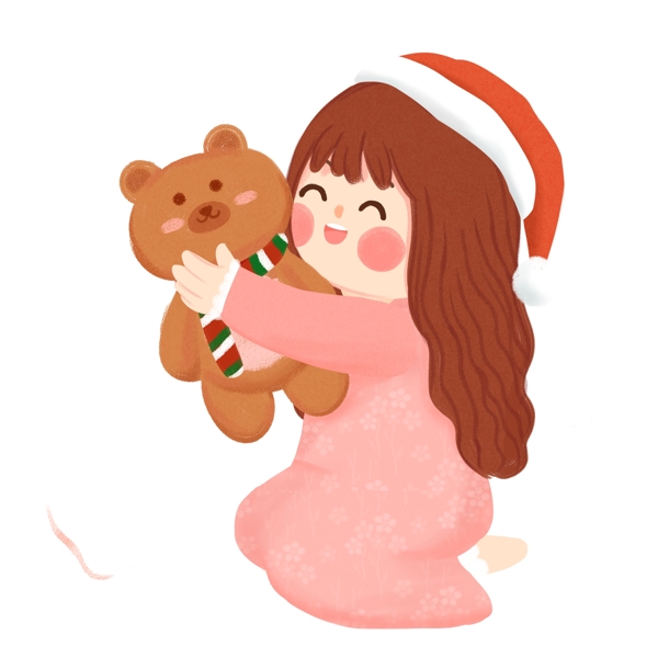 圣诞节抱着玩偶的女孩