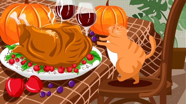 感恩节插画美味火鸡丰盛食物美食插画