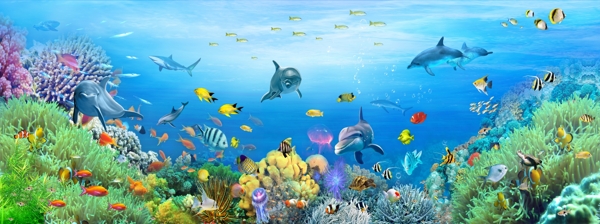 海底世界海豚小鱼大鱼儿童卡通画