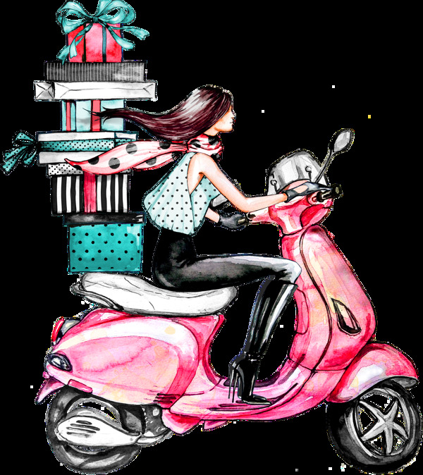 卡通骑摩托车女孩png元素素材