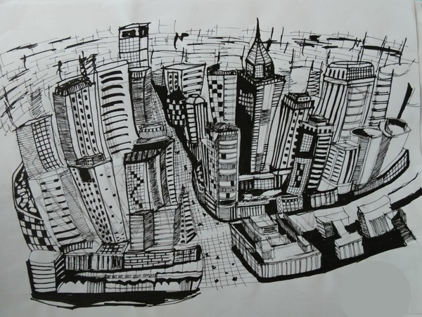 钢笔手绘线稿城市鸟瞰