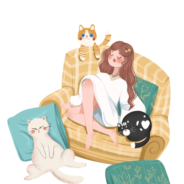 沙發(fā)上的女孩與貓咪圖案元素
