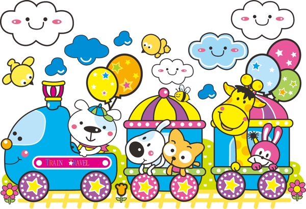 卡通火车和小动物插画矢量素材图片