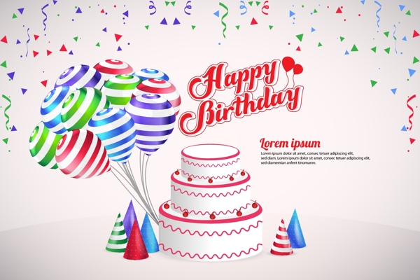 生日蛋糕和条纹气球图片