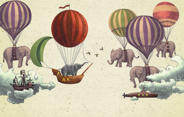 热气球潜艇船大象混合卡通装饰画