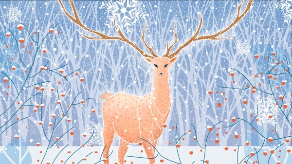 简约清新林深见鹿冬日雪景中的鹿插画