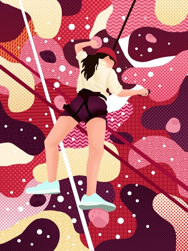 红色游走的梦运动系女孩攀岩抽象插画