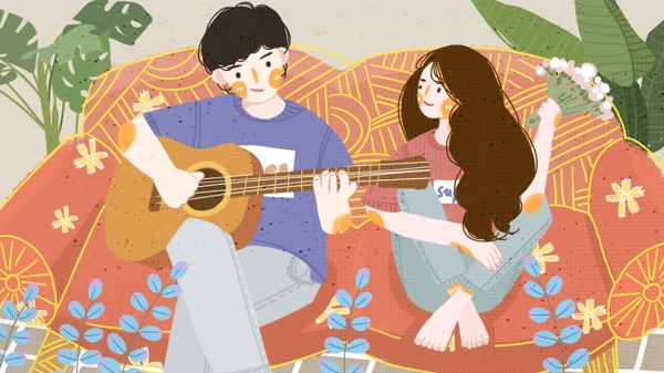 情侣日常坐在沙发上弹吉他的男孩女孩插画