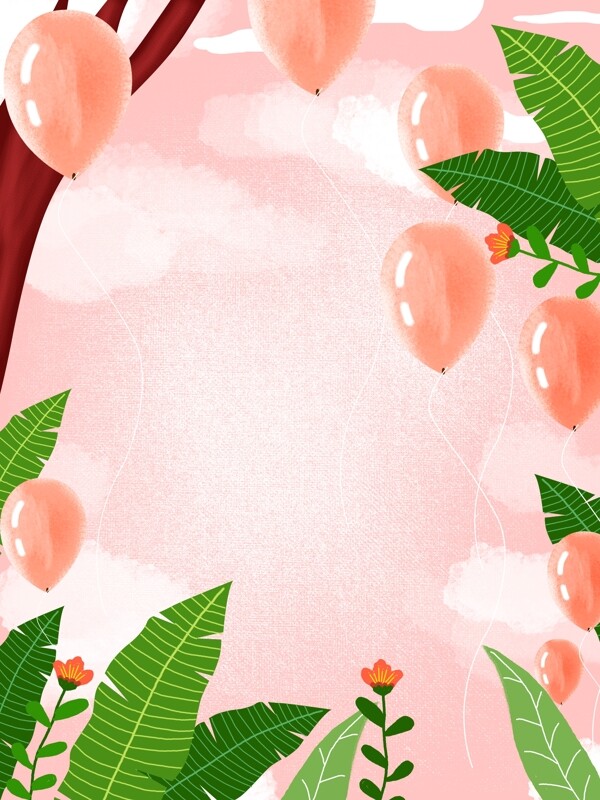 温馨粉色气球绿叶背景素材设计