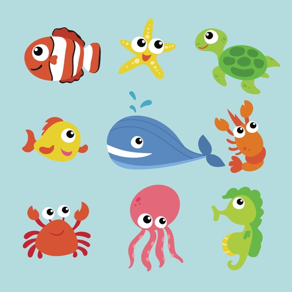 9款卡通海洋动物矢量素材
