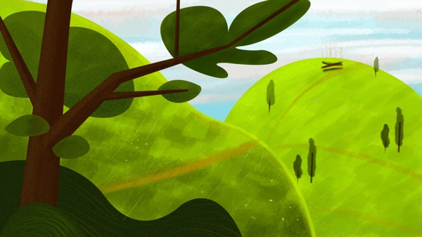 微立体绿色水彩树草地大树背景素材