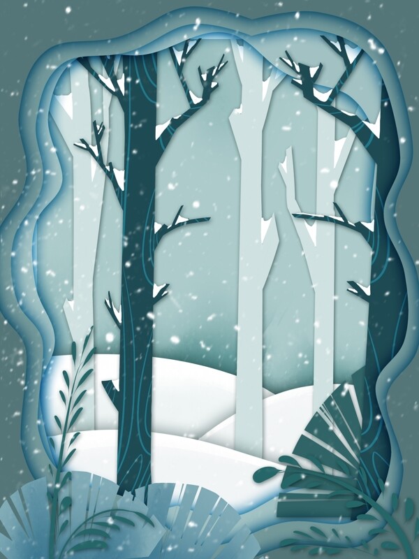 剪纸风冬季雪地树林背景设计