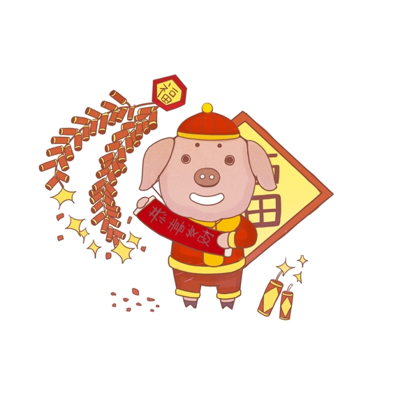 手繪新年過年豬鞭炮