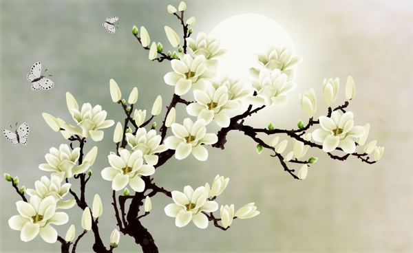梨花月色海棠花装饰画背景墙