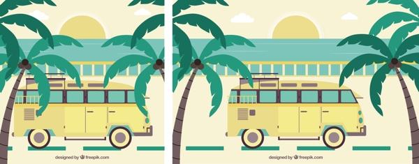 棕榈树黄色公共汽车日落背景