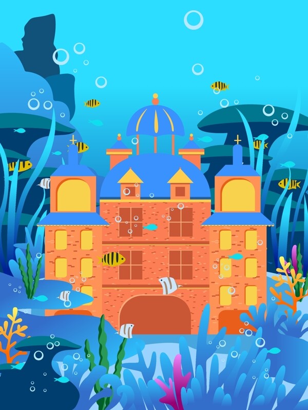 海底城堡之世界海洋日原创小清新插画