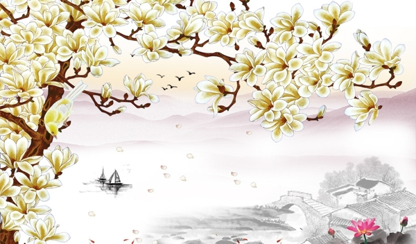 水墨玉蘭背景墻