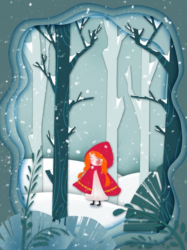 剪纸风大雪树林里的小女孩