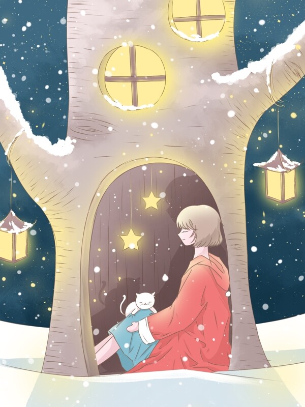 唯美冬季插画冬天雪中躲在树洞里的女孩和猫