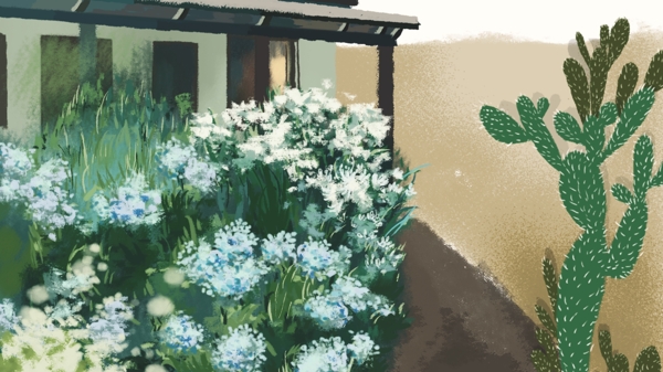 彩绘后院花园插画背景设计