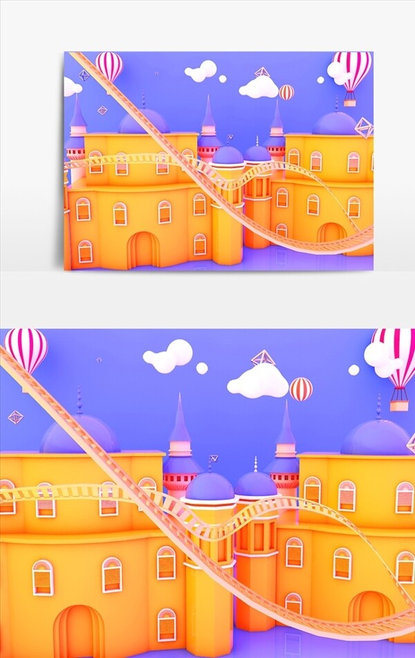C4D城堡热气球卡通小场景模型