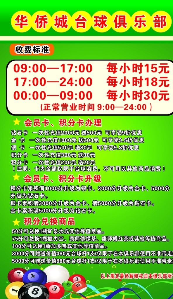 臺球價目表
