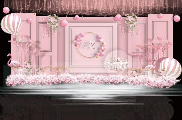 粉色热气球城堡婚礼迎宾区效果图