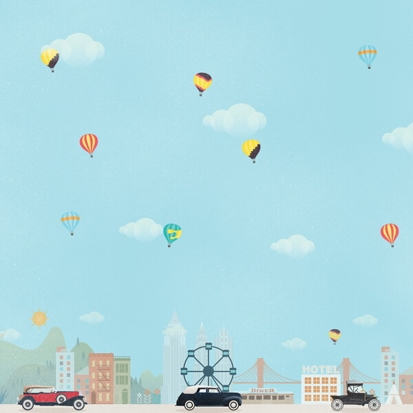 卡通城市热气球背景