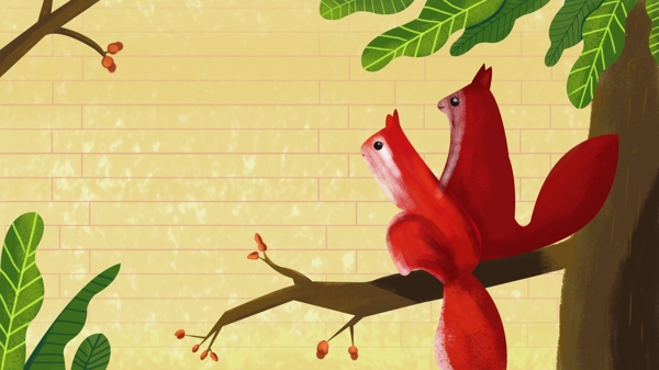 彩绘秋季主题树上松鼠背景素材
