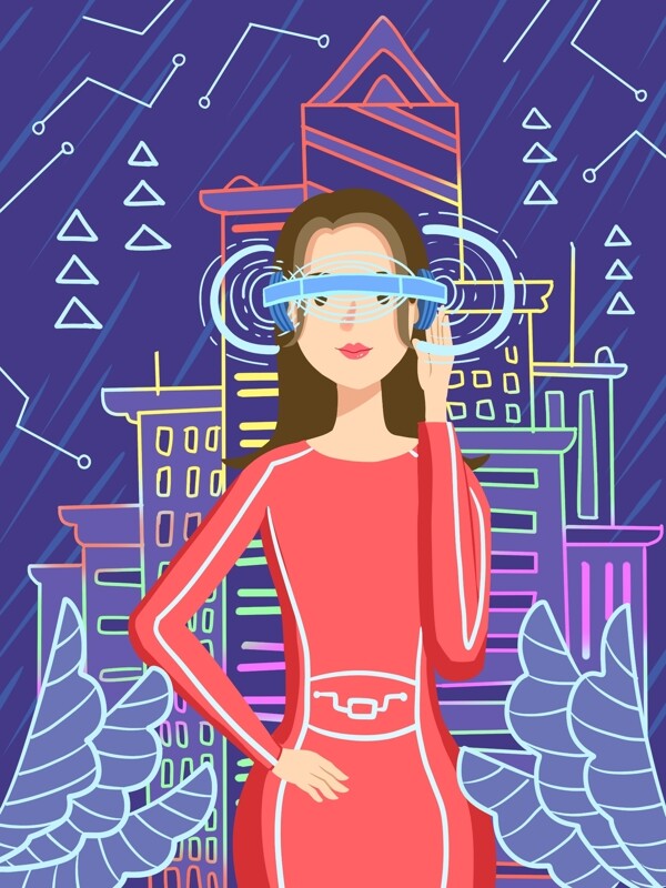 科技未来VR虚拟现实体验VR城市的女孩