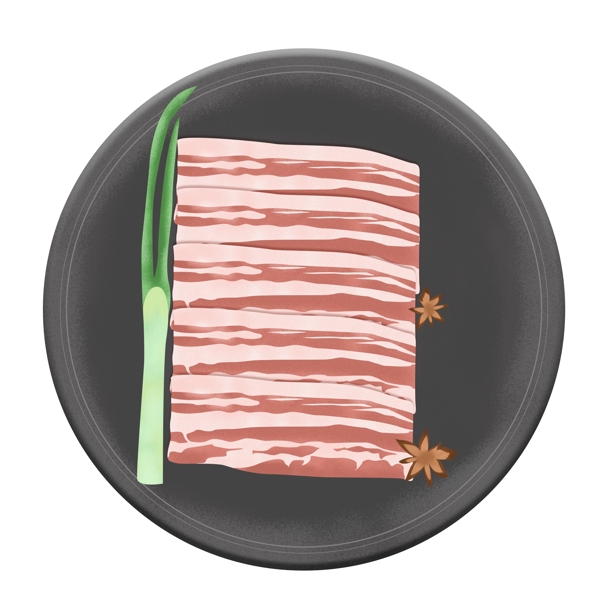 手绘装在盘子里面的新鲜生猪肉元素